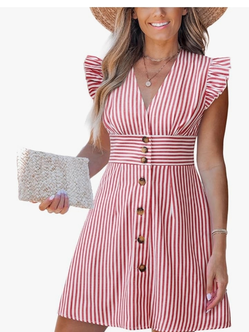 Cupshe Pink & White Striped V-Neck Button Mini Dress